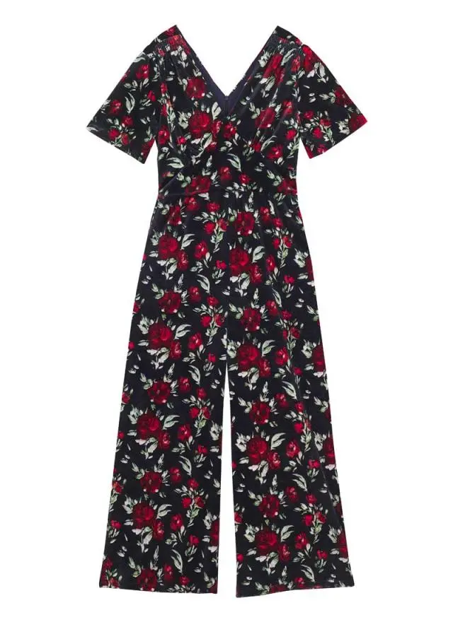 Joanie Clothing Bellatrix Short Sleeve Velvet Floral Jumpsuit 