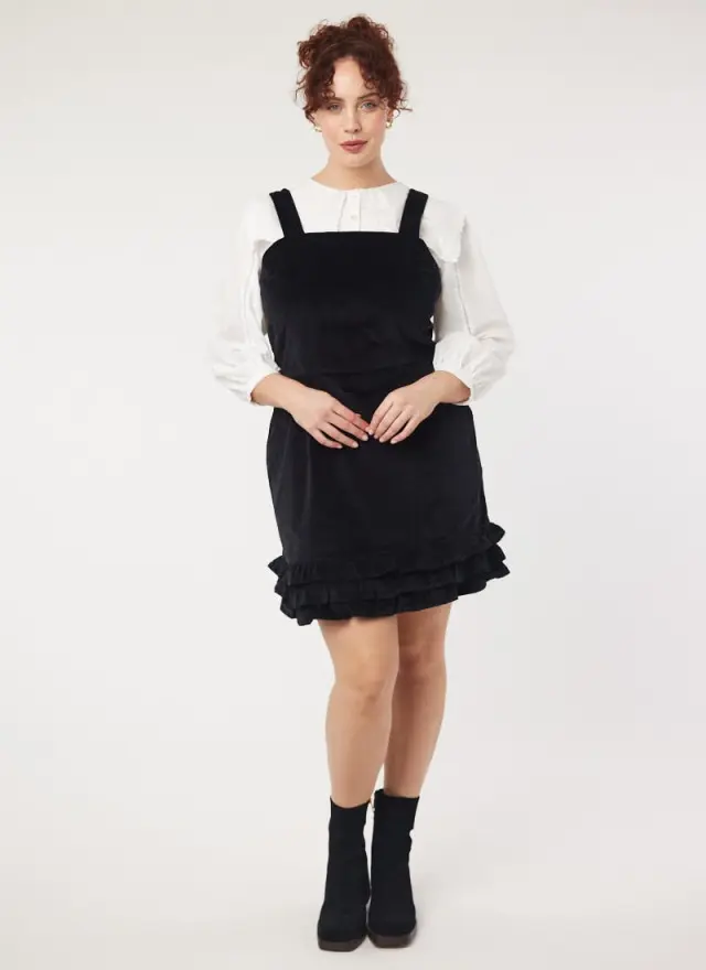 Joanie Clothing Gertie Square Neck Velvet Ruffle Pinafore Dress 