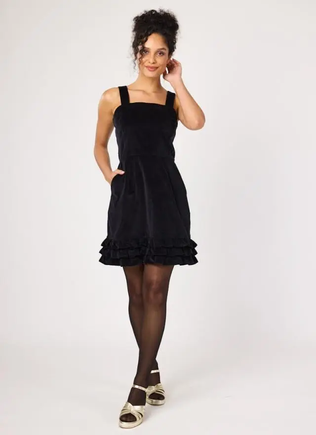 Joanie Clothing Gertie Square Neck Velvet Ruffle Pinafore Dress 