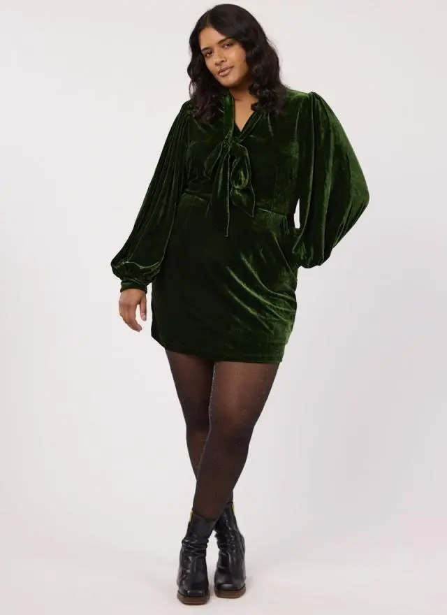 Joanie Clothing Nolly Green Velvet Pussy Bow Mini Dress 