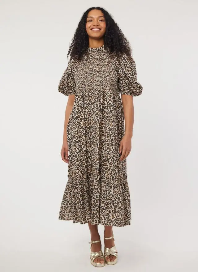 Joanie Clothing Priya Leopard Print Puff Sleeve Midi Dress 