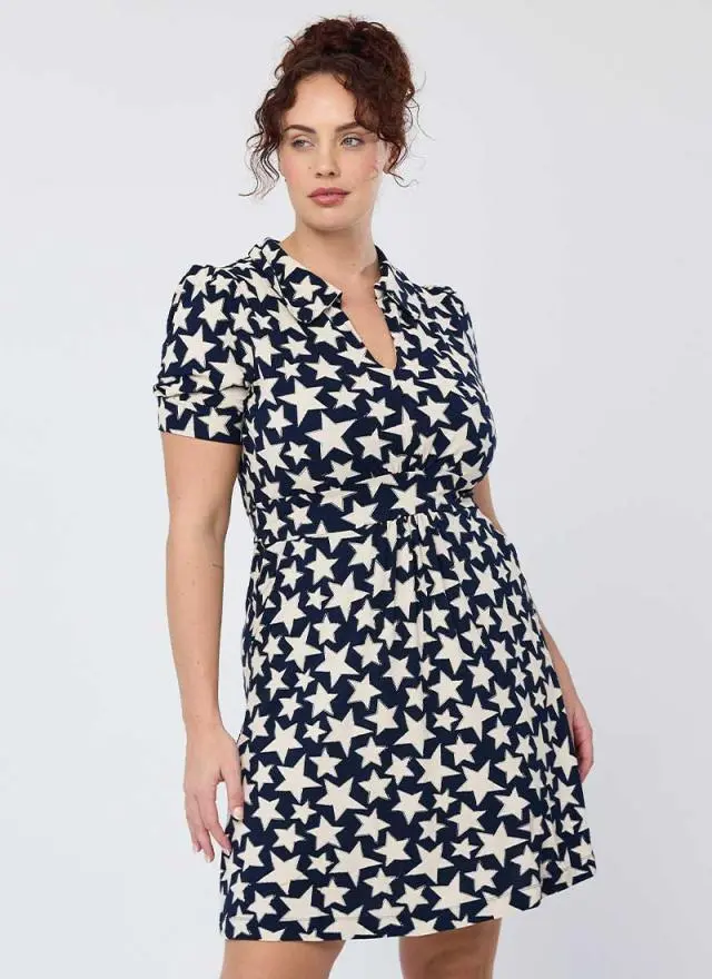 Joanie Clothing Olga Navy Star Print Jersey Tea Dress