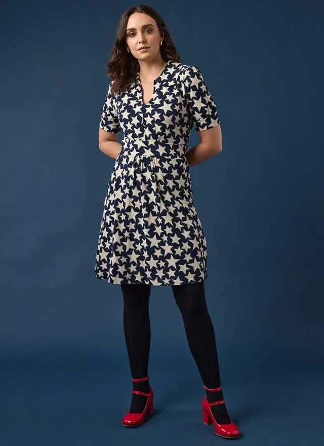 Joanie Clothing Olga Navy Star Print Jersey Tea Dress