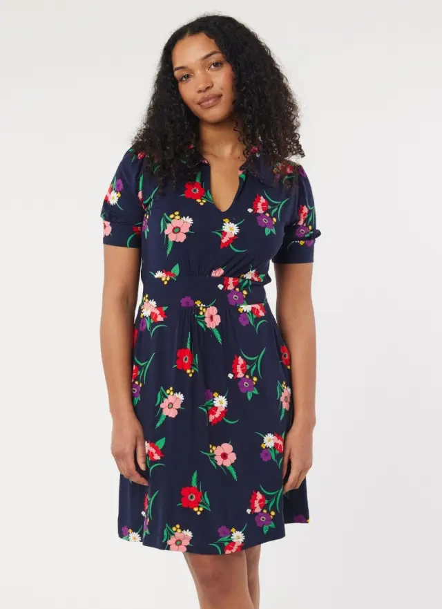 Joanie Clothing Olga Navy Floral Print Jersey Tea Dress 