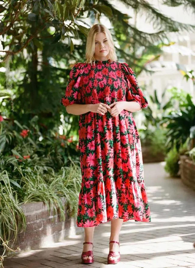 Joanie Clothing Priya Dahlia Floral Print Puff Sleeve Midi Dress 