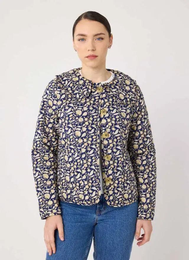 Joanie Clothing Brooke Navy Floral Print Quilted Collared Jacket 