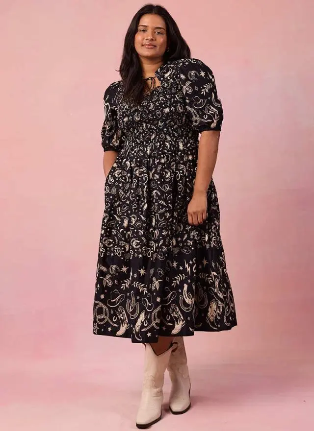 Joanie Clothing Jesse Western Print Tie Neck Midi Dress