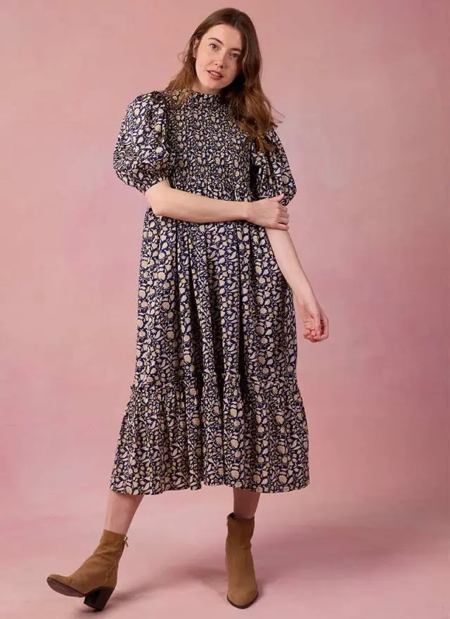 Joanie Clothing Priya Navy Floral Print Puff Sleeve Midi Dress 