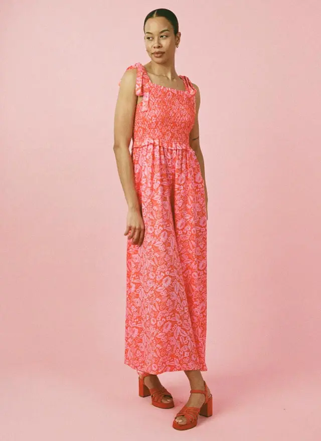 Joanie Clothing Francesca Pink Floral Print Tie Strap Jumpsuit 