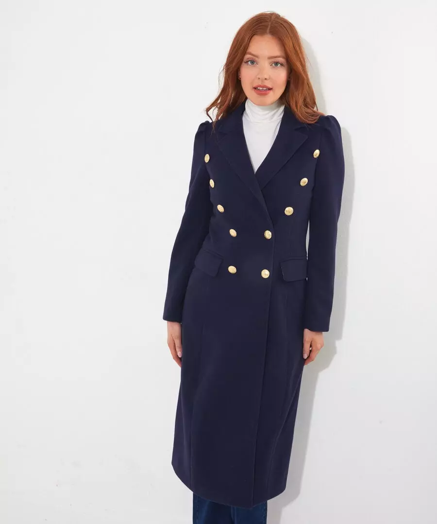 Women's Long Military Wool Coat in Eclipse Navy