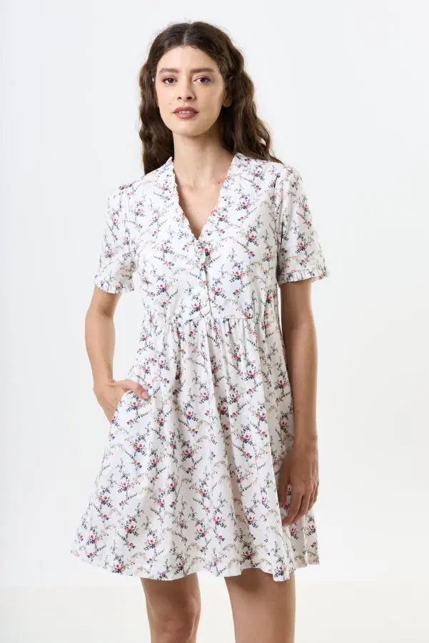 Cosima Regency Print Frill V-Neck Mini Dress