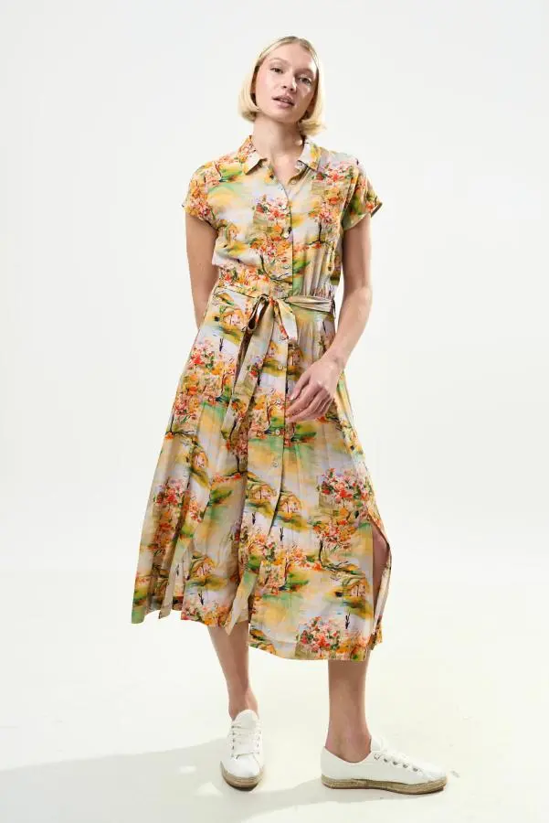Fleur Oriental Landscape Print Midi Shirtdress - Yellow