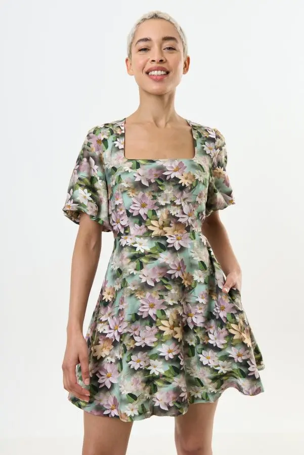 Agata 3D Daisy Print Mini Dress - Green