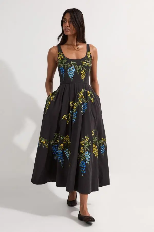 Floral Embroidered Cotton Linen Woven Prom Dress - Black