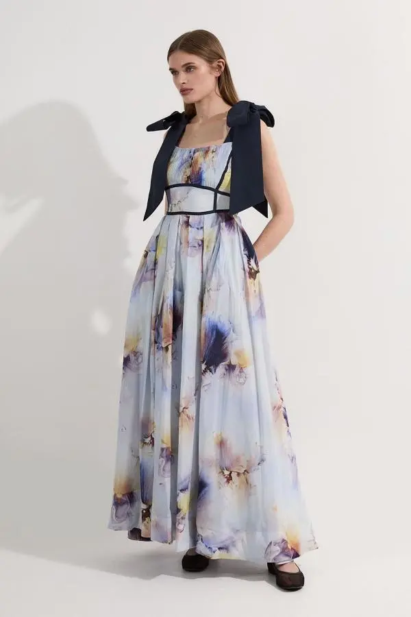 Spring Silk Cotton Woven Strappy Dress - Floral