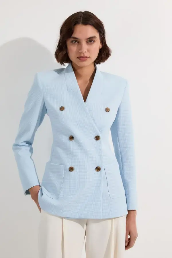 Tailored Textured Double Breasted Jacket - Pale Blue