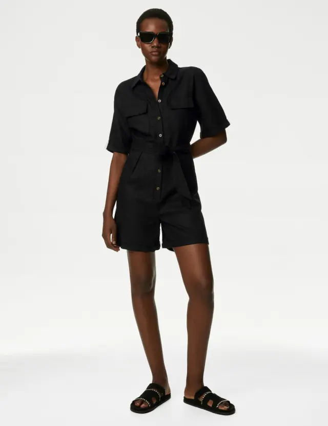 M&S Women's Linen Rich Belted Short Sleeve Playsuit 