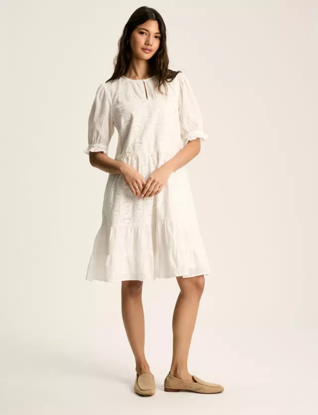 Joules Women's Pure Cotton Broderie Knee Length Tiered Dress 