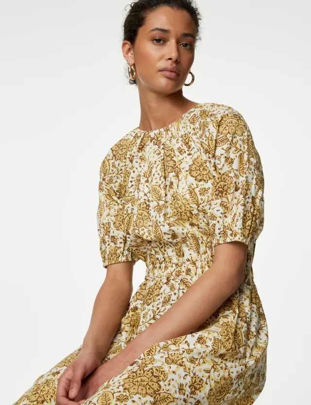 M&S Women's Pure Cotton Floral Midi Waisted Dress 