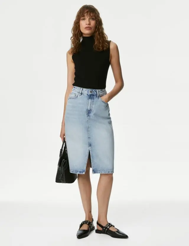 M&S Women's Denim Split Front Knee Length Skirt 