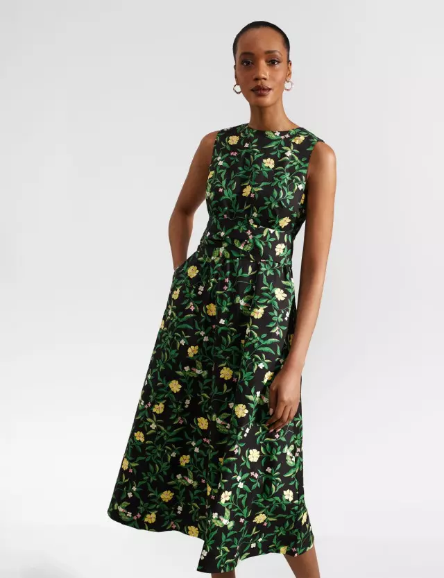 Hobbs Women's Pure Cotton Floral Midi Waisted Dress 
