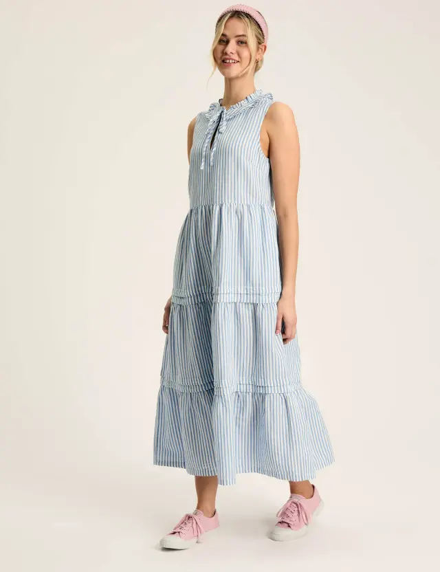 Joules Women's Linen Blend Striped Midaxi Tiered Dress 