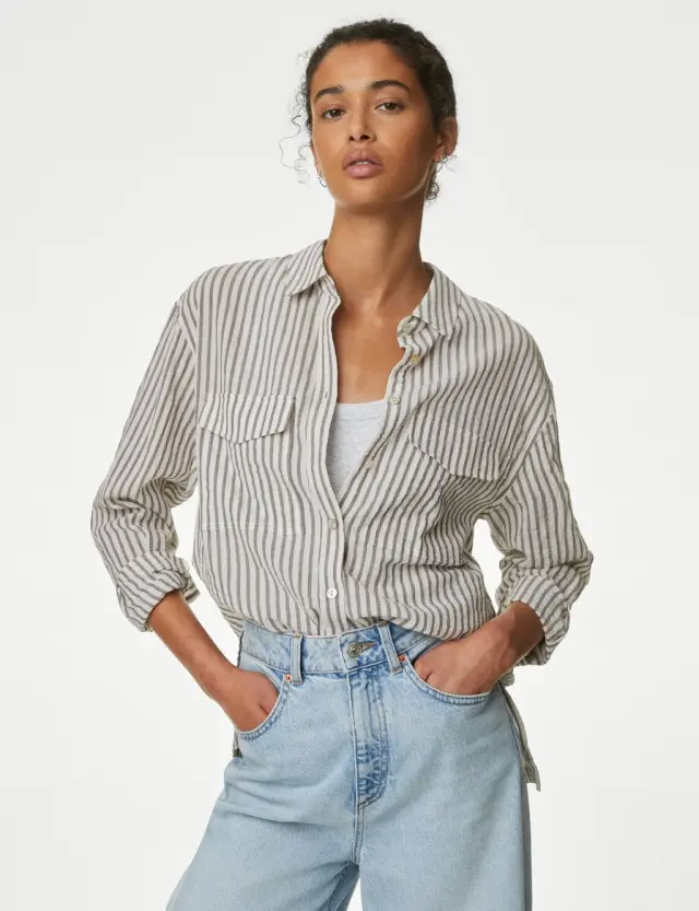 M&S Women's Cotton Rich Striped Utility Girlfriend Shirt 