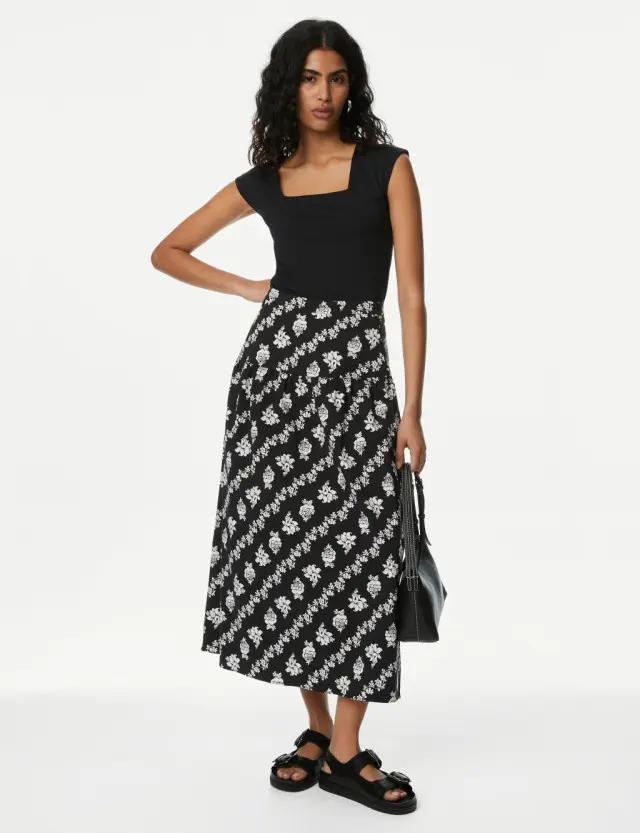 M&S Women's Pure Cotton Printed Midi Circle Skirt 
