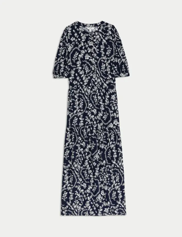 M&S Women's Floral Button Front Midi Tiered Dress 