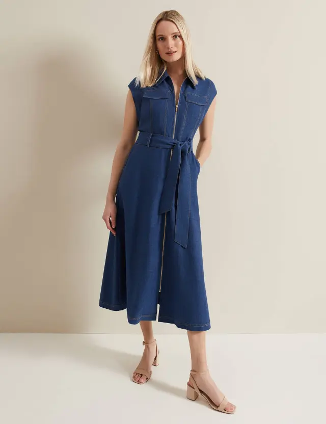 Phase Eight Women's Linen Rich Denim Midi Shirt Dress 