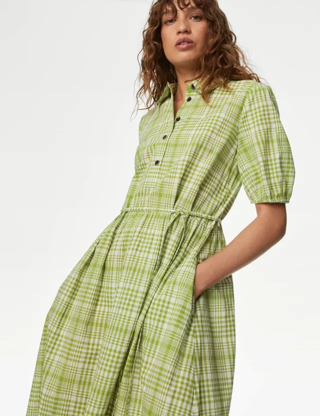 M&S Women's Pure Cotton Checked Midi Shirt Dress 