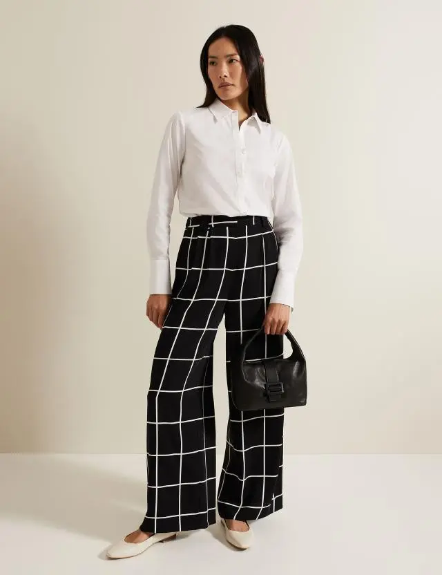 Phase Eight Women's Checked Elasticated Waist Wide Leg Trousers 