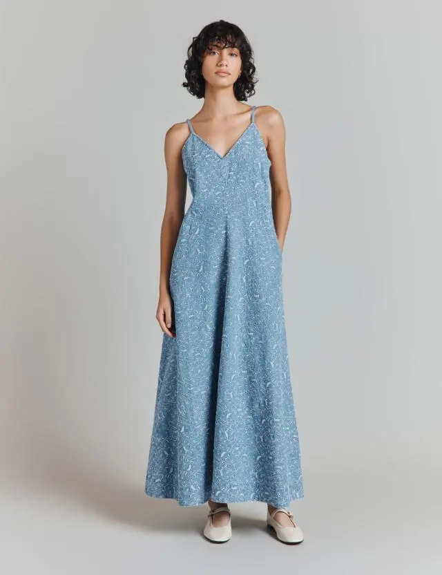 Ghost Women's Pure Cotton Denim Embroidered Midi Slip Dress 