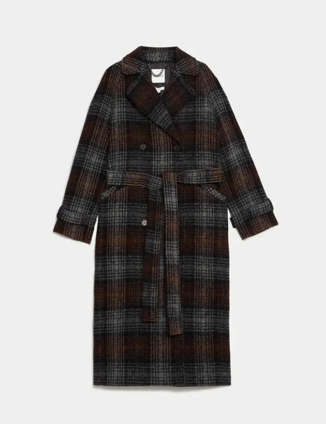 Jaeger Women's Pure Wool Checked Double Breasted Wrap Coat 