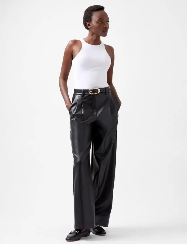 French Connection Women's Faux Leather Wide Leg Trousers 