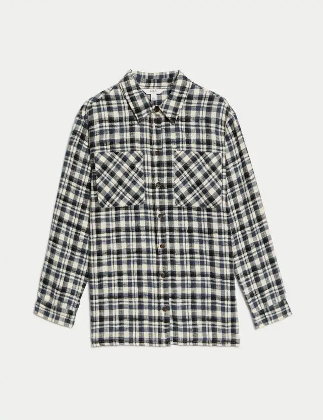 M&S Women's Pure Cotton Brushed Checked Utility Shirt 