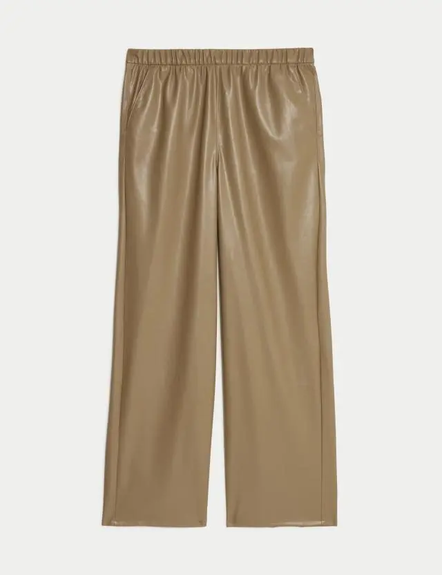 M&S Women's Leather Look Wide Leg Trousers 