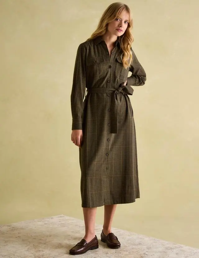 Joules Women's Cotton Rich Checked Midi Shirt Dress 