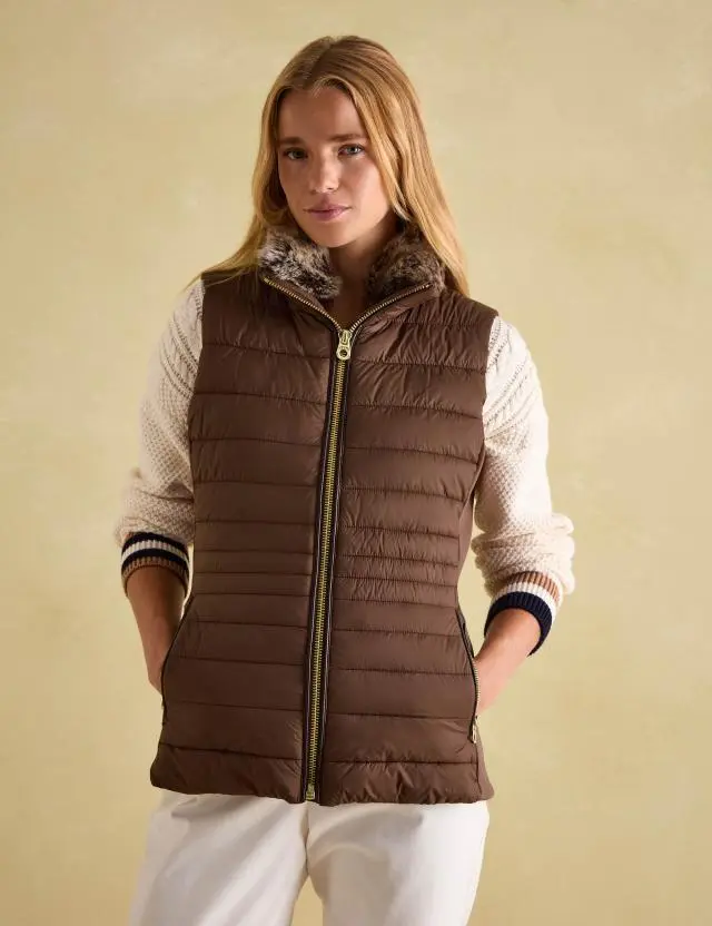 Joules Women's Showerproof Padded Faux Fur Collar Gilet 