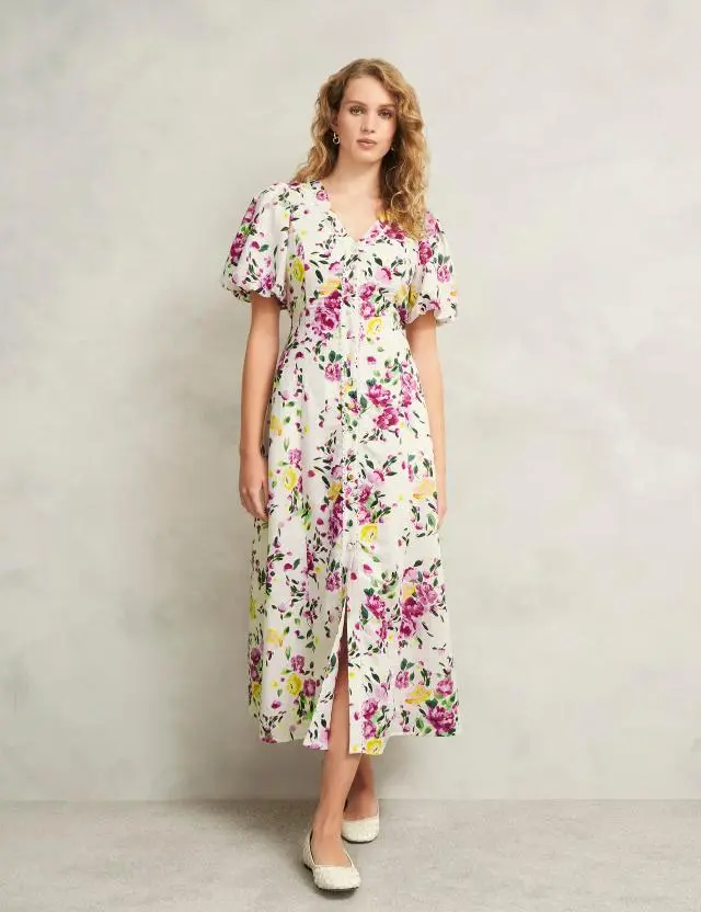 Hobbs Women's Linen Rich Floral Midaxi Smock Dress 