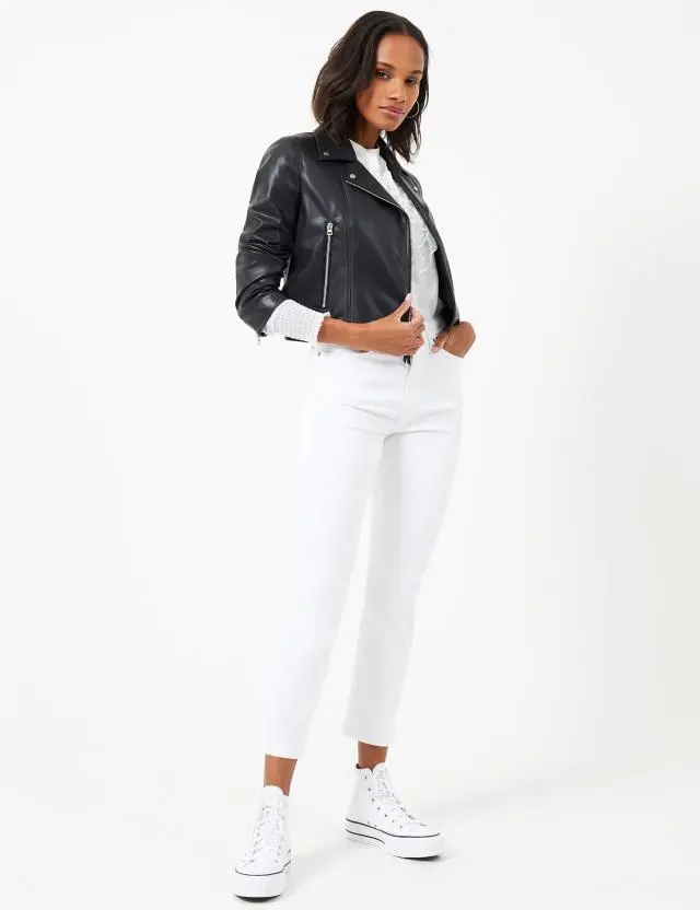 French Connection Women's Faux Leather Cropped Biker Jacket 