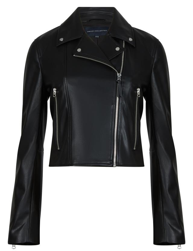 French Connection Women's Faux Leather Cropped Biker Jacket 