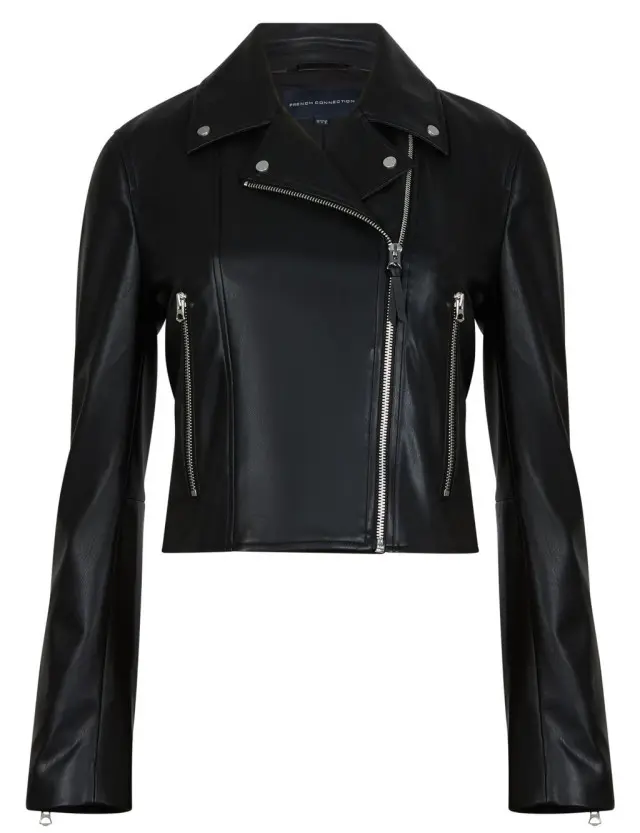 French Connection Women's Faux Leather Cropped Biker Jacket 