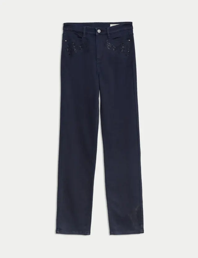 M&S Women's High Waisted Embellished Straight Leg Jeans 