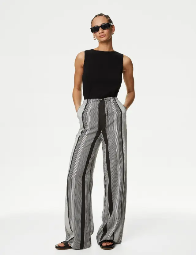M&S Women's Printed Wide Leg Trousers 