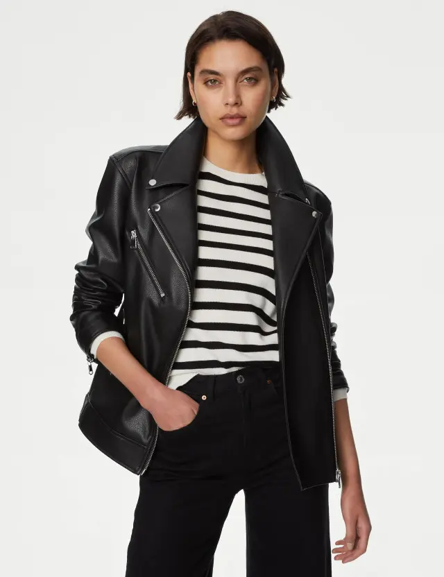 M&S Women's Faux Leather Girlfriend Biker Jacket 