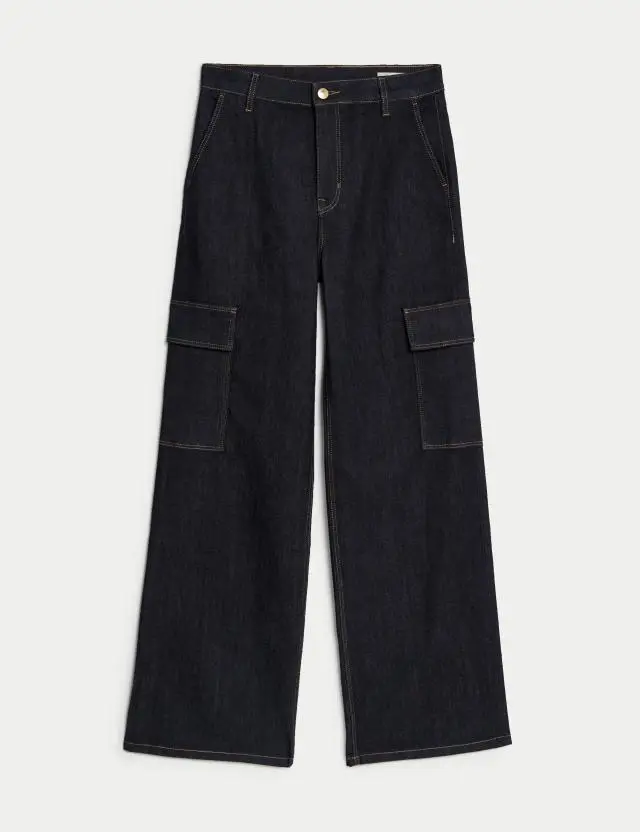 M&S Women's High Waisted Wide Leg Cargo Jeans 