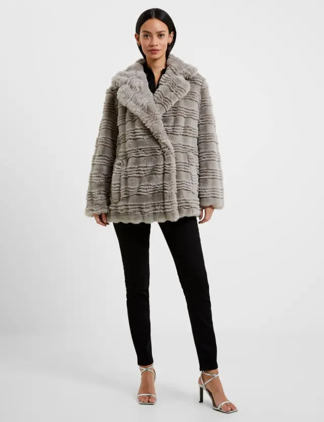 French Connection Women's Faux Fur Textured Collared Short Coat 