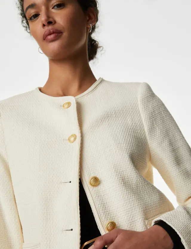 M&S Women's Pure Cotton Tweed Collarless Short Jacket 