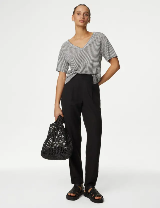M&S Women's Linen Rich Tapered Trousers 